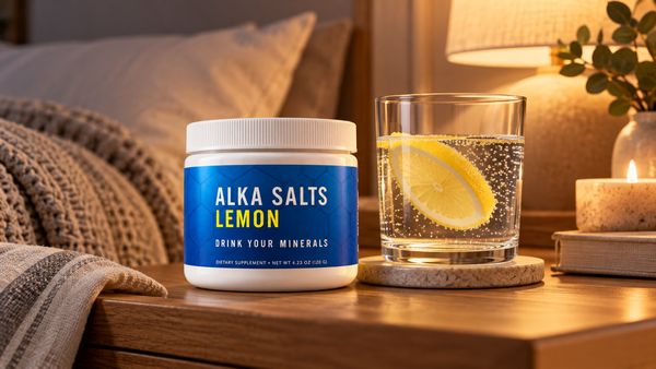 A jar of Alka Salts and a glass of lemon water on a nightstand at bedtime