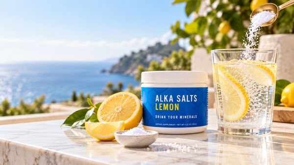 Alka Salts being spooned into a glass of lemon water on a seaside terrace
