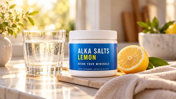 A jar of Alka Salts beside a glass of water and a lemon on a sunlit kitchen counter