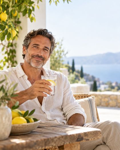 A man relaxing on a sunny terrace with a glass of lemon water