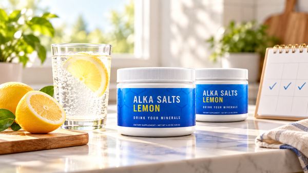 Two jars of Alka Salts, a glass of sparkling lemon water and a calendar with checked-off days