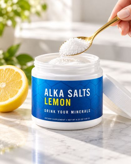 A gold spoon scooping white mineral salts from an open jar of Alka Salts Lemon