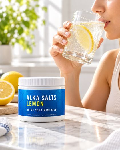 A woman sipping a glass of sparkling lemon water beside a jar of Alka Salts