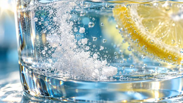Mineral crystals dissolving into a glass of water with a slice of lemon